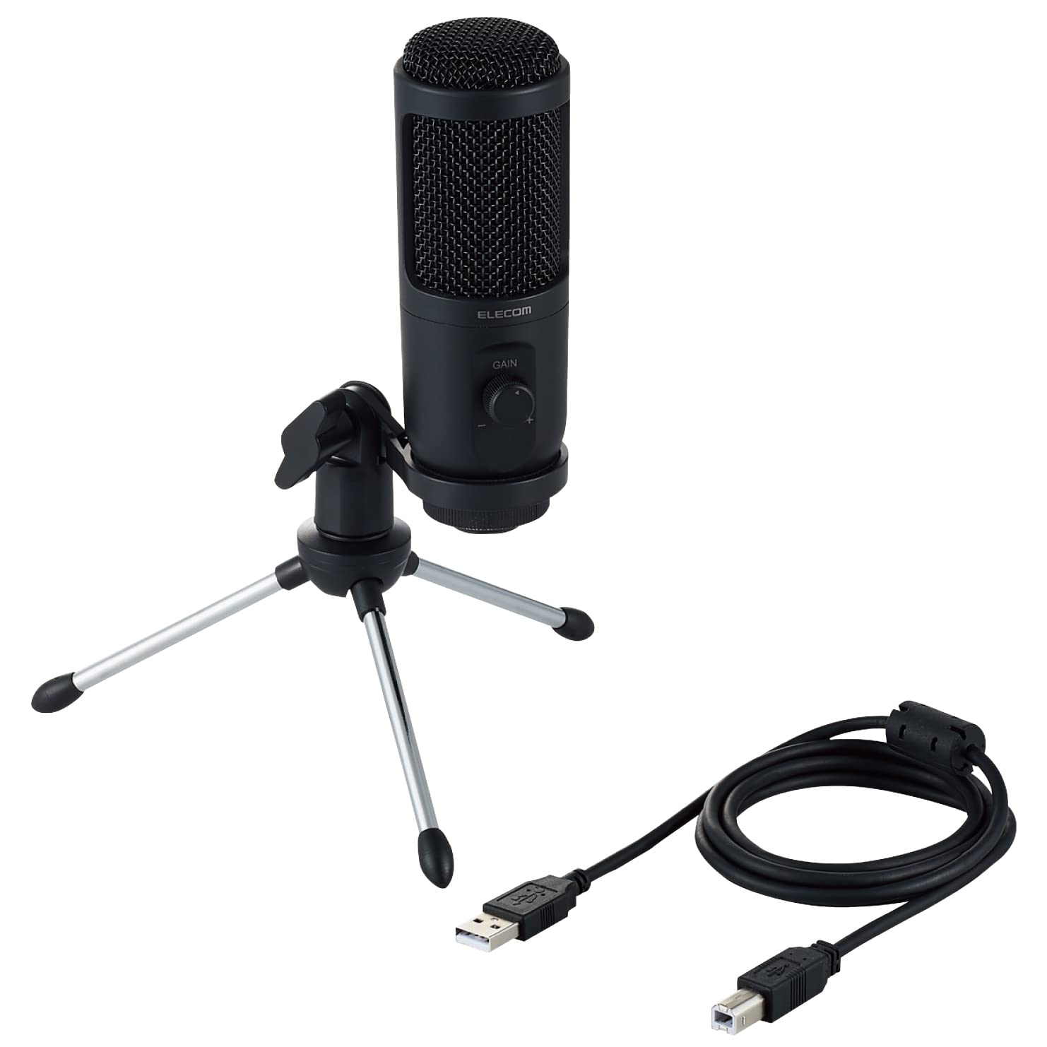 

ELECOM HS-MC12UBK Condenser Microphone with USB Connection, Gain Control, Windscreen, and Mini Tripod, Black