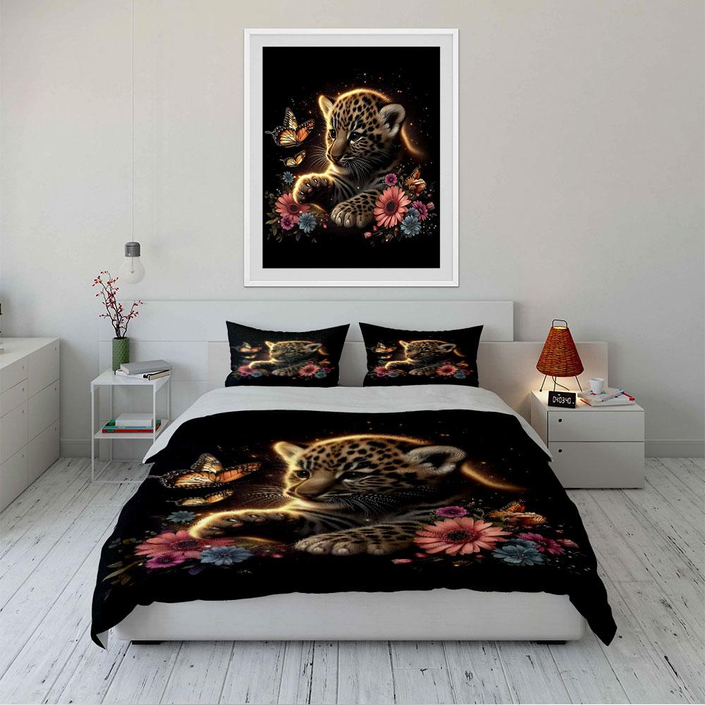 Leopard Cub with Butterflies Bedding Duvet Cover Set (1*Duvet Cover 2*Pillowcases, without duvet insert)