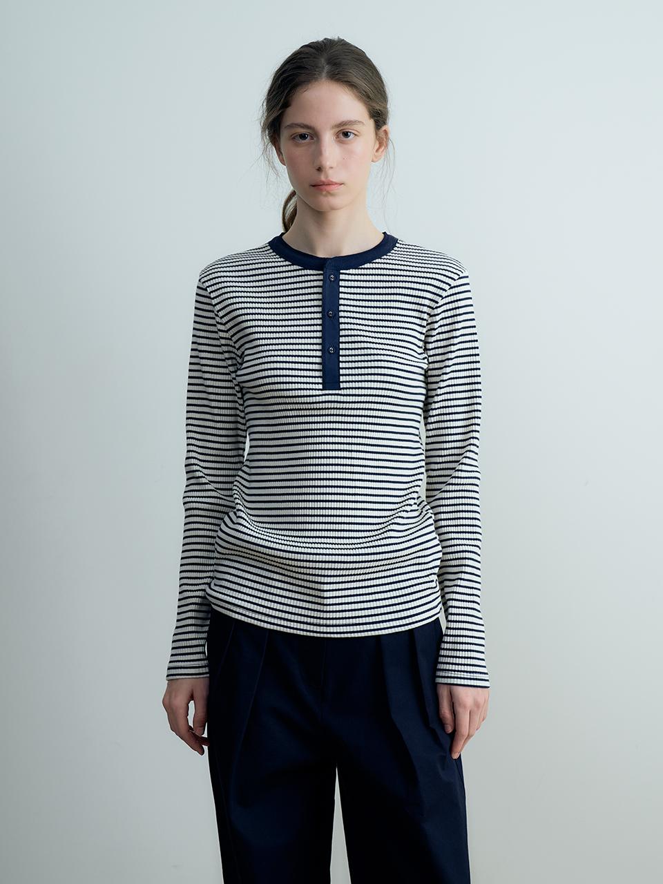Verbom Button Henley T-Shirt_Stripe Navy