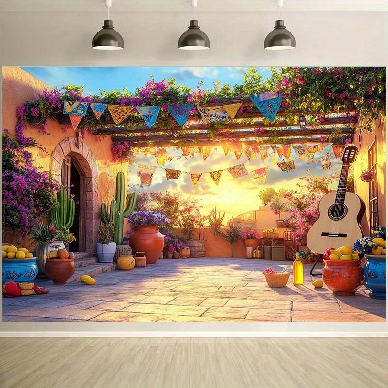 A two-dimensional background fabric with a theme of a Mexican carnival accompanied by colorful flags guitars and potted plants
