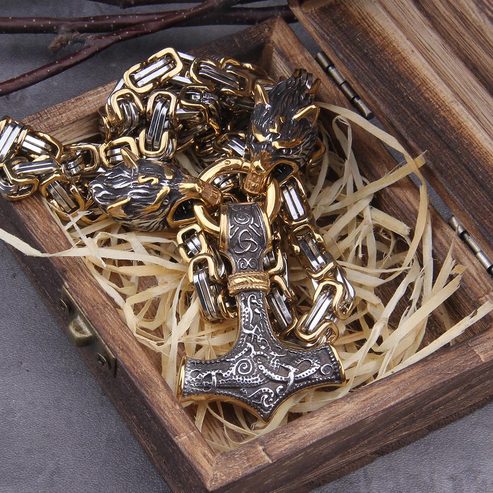 Stainless Steel Wolf Head Norse Viking Amulet Necklace Never Fade Men Thor Hammer Pendant Viking King Chain