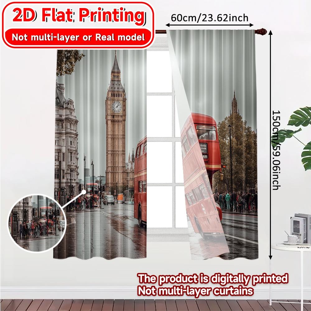2D Flat Printing  2pcs London Journey Fashionable Popular Curtains Durable Polyester Curtains Thermal Insulation   and Room