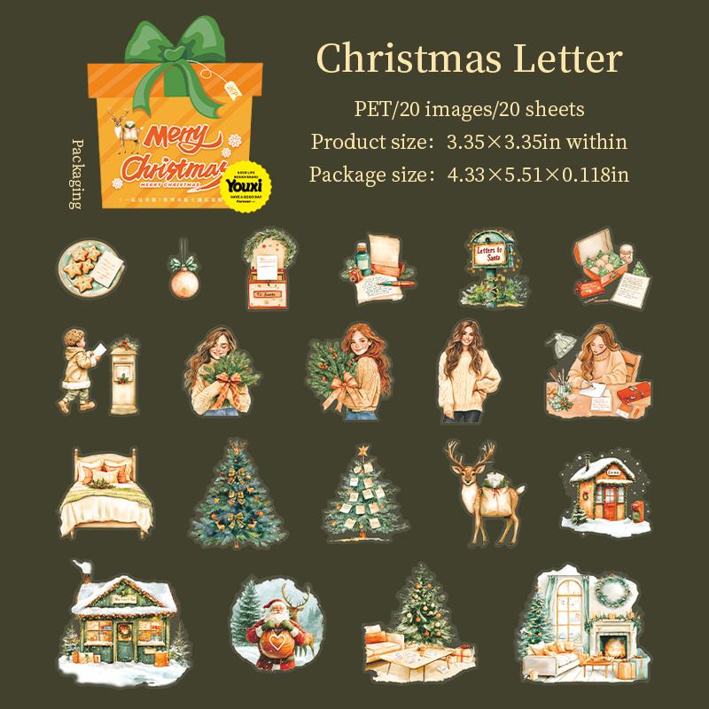 

20pcs/pack Retro Christmas PET Stickers Creative Decoration DIY Junk Journal Scrapbooking Material Aesthetic Stationery Stickers