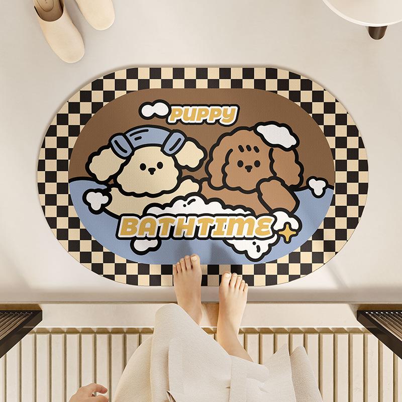 Cartoon Puppy Bathroom Diatom Mud Floor Mat Water Absorption Non-slip Wear-resistant Bathroom Household Oval Door Mat Toilet Mat