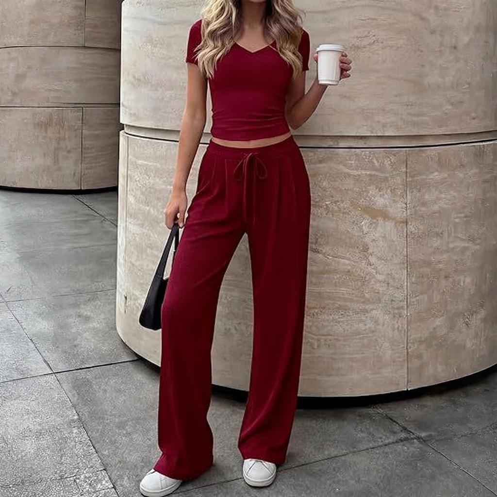 Women's Casual Elegant V-neck Casual Top And Pants Two-Piece Set