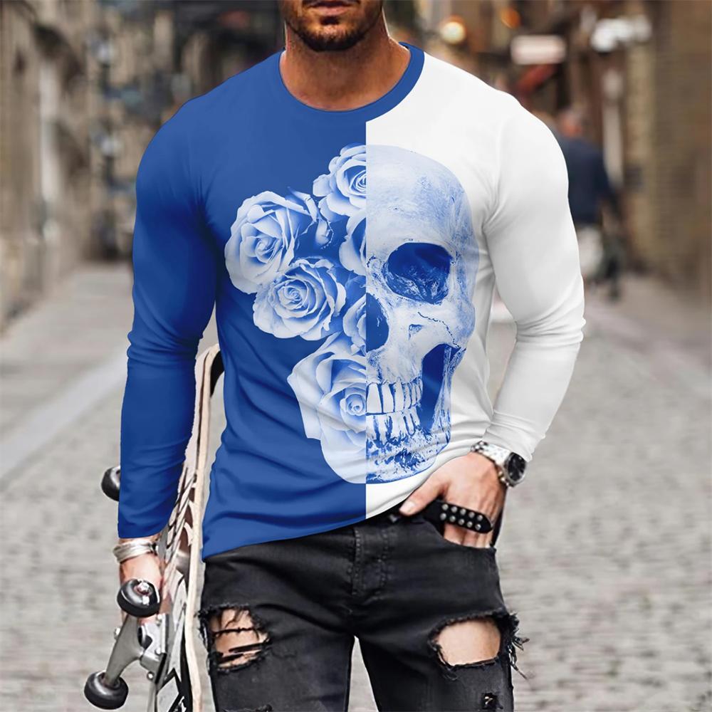 Funny 3D Skull Print Men's T Shirt Hip Hop Trend Harajuku Streetwear Casual O-neck Long Sleeve T-shirt Fashion Loose Polyester Tops