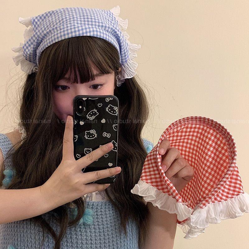 INS Lace Plaid Hair Scarf Women Korean Triangle Hair Band Travel Photo Headband Sunscreen Headscarf Girls Cotton Neckerchief