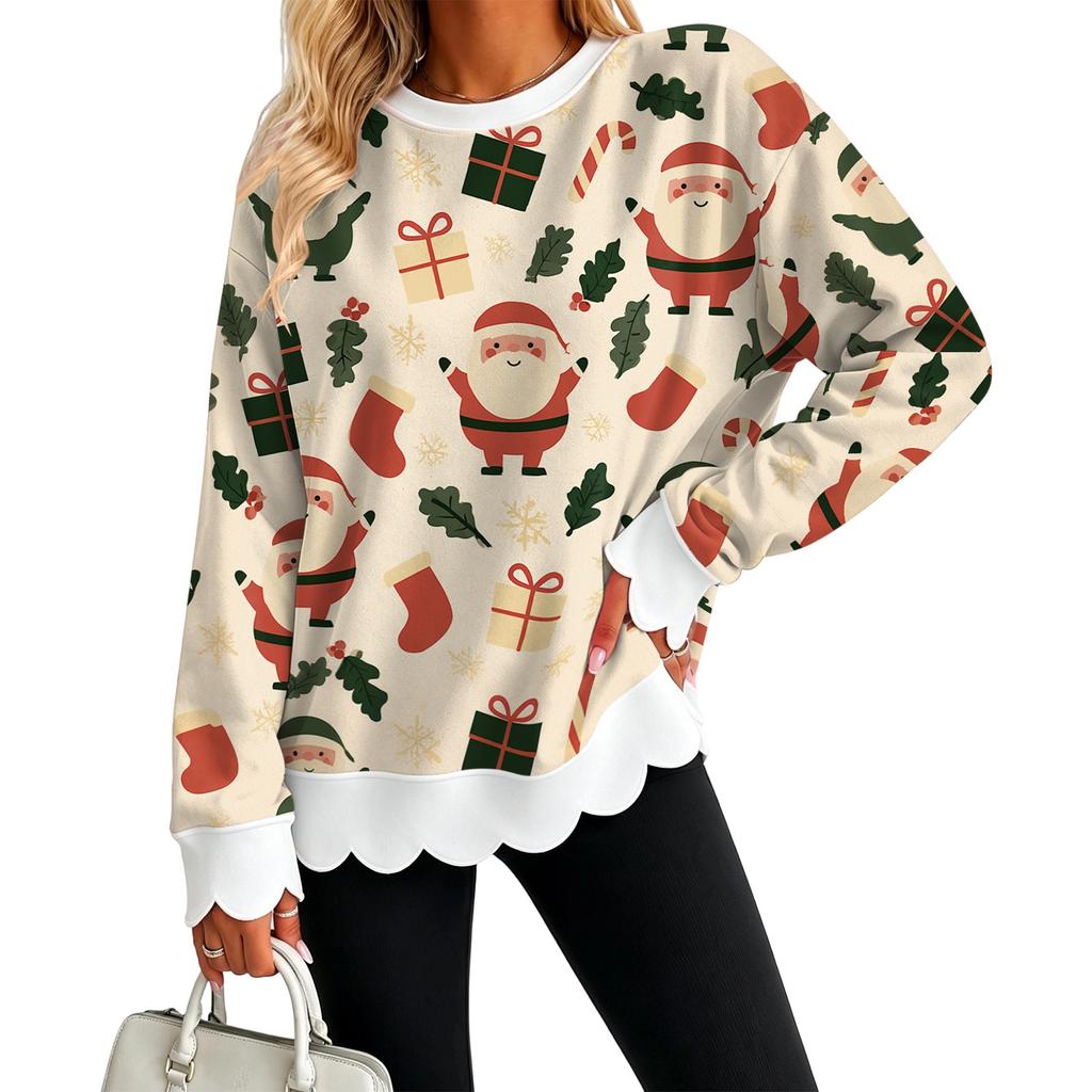 Women's Christmas Print Sweatshirt Neck Scalloped Wavy Hem Pullover Top for Holiday