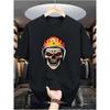 Flame Skull Men's Casual Digital Print T-Shirt - Round Neck, Short Sleeve, Street Hip-Hop Style, Summer European and American Fashion Trend