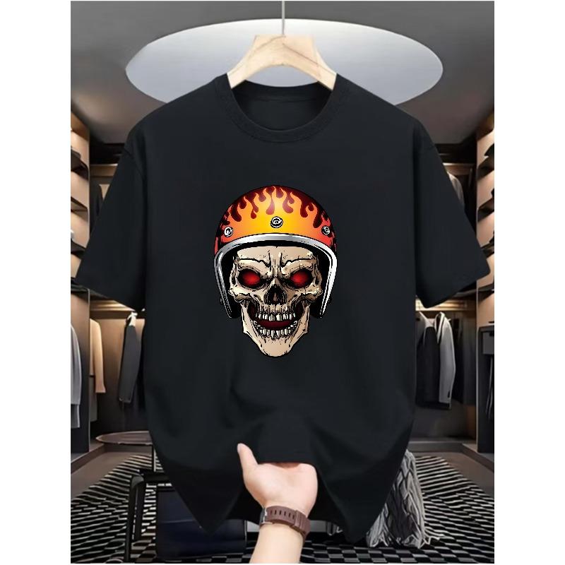 Flame Skull Men's Casual Digital Print T-Shirt - Round Neck, Short Sleeve, Street Hip-Hop Style, Summer European and American Fashion Trend