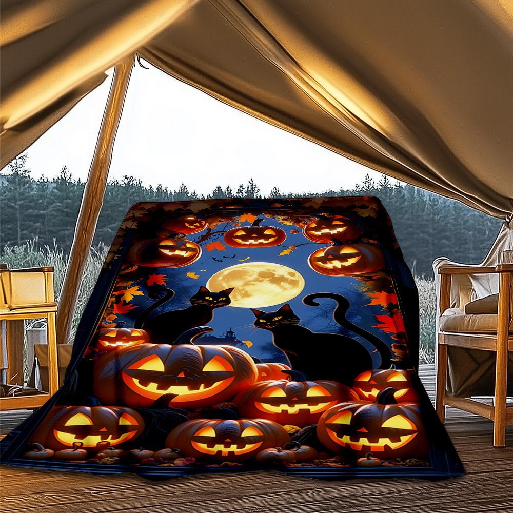 1pc Pumpkins Black Cats Throw Blanket Polyester Fiber, Lightweight Flannel, Soft & Warm, All Season Use for Outdoor, Camping Digital Print