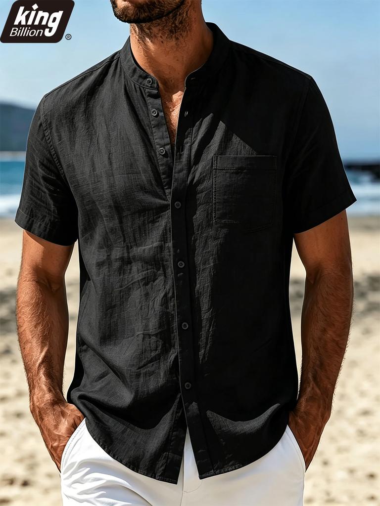 Camisa Masculina de Linho Branco com Manga Curta, Gola Mandarim, Botões Frontais, Bolso no Peito, Corte Solto, Respirável, Casual, Top para Férias na Praia
