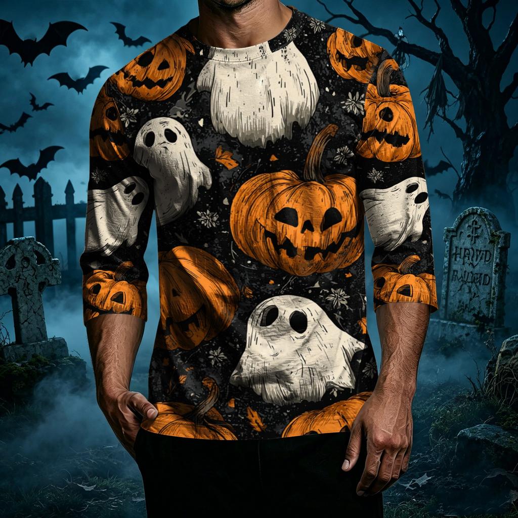 Men's Casual Halloween Printed Crew Neck T Shirt Three Quarter Sleeve Top Suitable for Seasonal Wear and Everyday Use