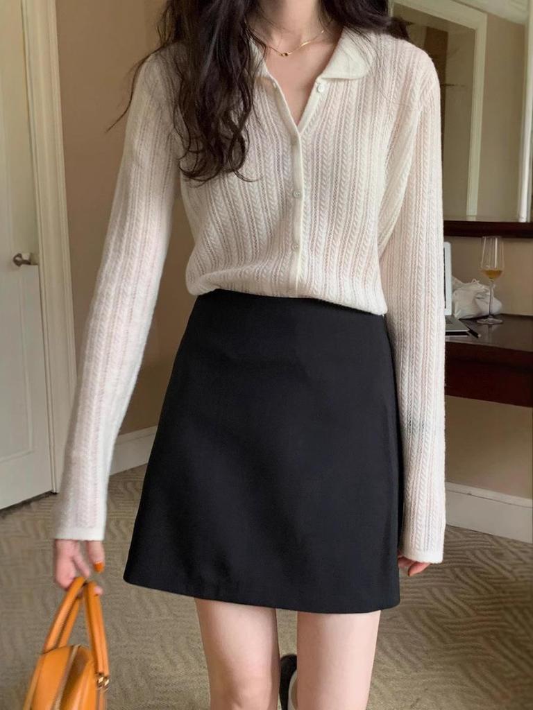 Early Spring Doll Collar Hollow Knit Wool Women's Slim Cardigan