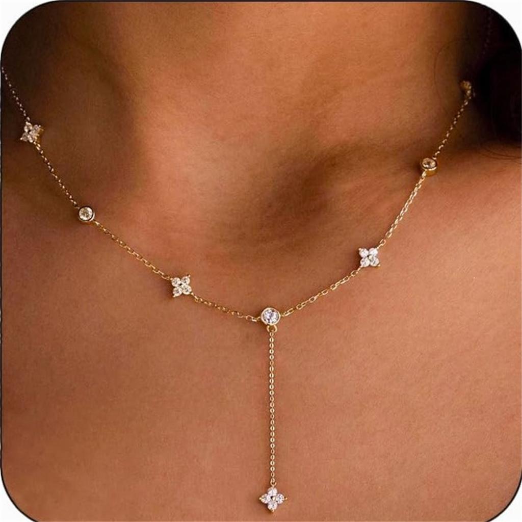 Minimalist Zircon Flower Chain Necklace for Women Niche Light Luxury Sparkling Rhinestones Tassel Necklace Choker Jewelry