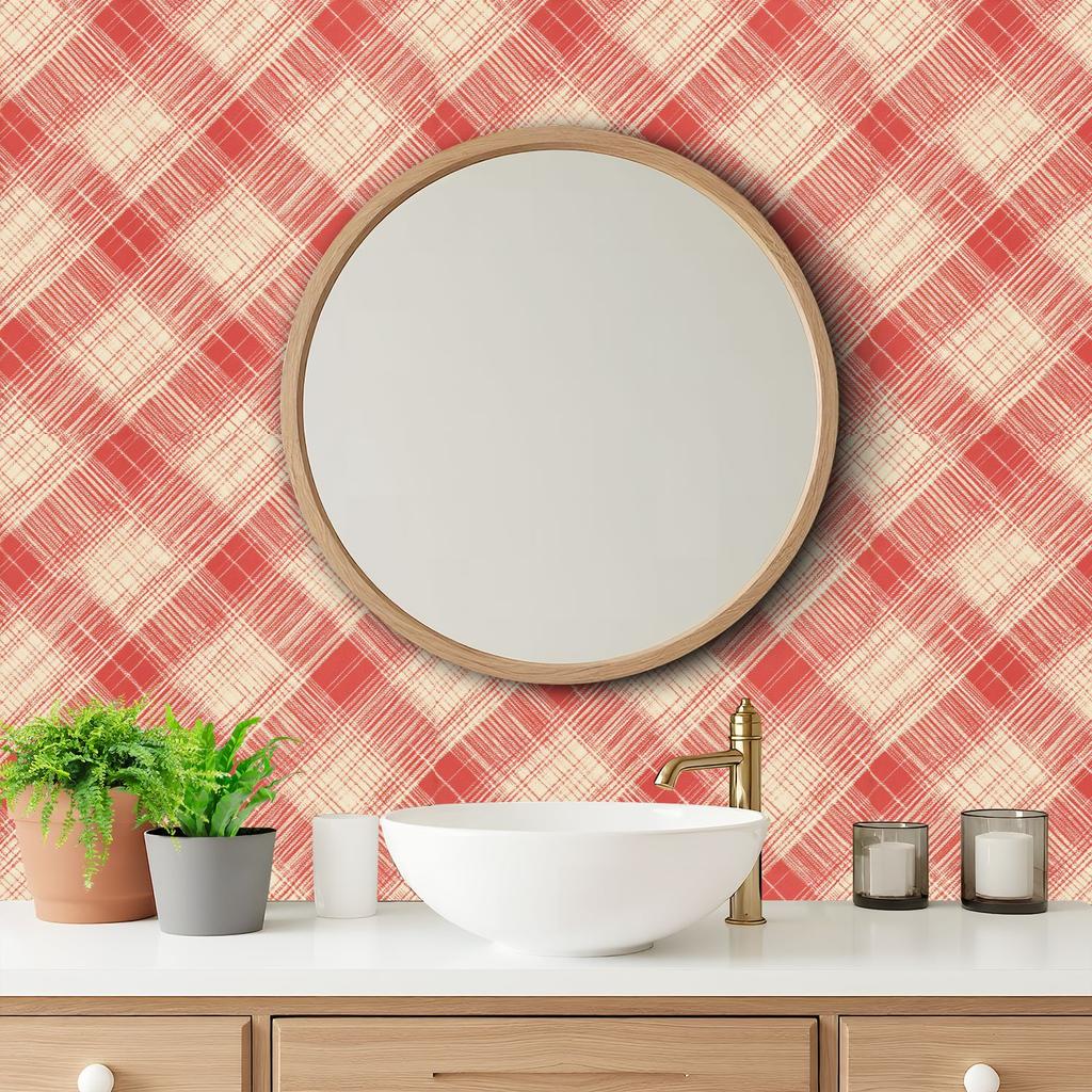 Red Beige Plaid Wallpaper 22.83"X118" Waterproof Wallpaper for Living Room/Bedroom/Bathroom PVC Wall Sticker