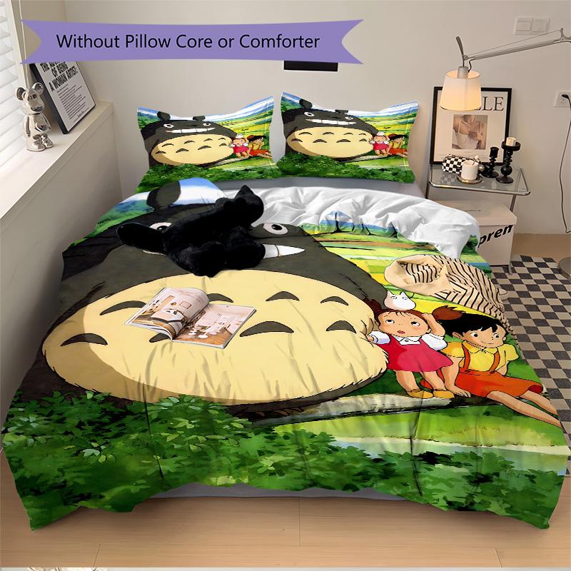 Nachbar Totoro Abenteuer Druck 3-teiliges Bettwäsche-Set Bettbezug mit 2 Kissenbezügen Zuhause Geburtstagsgeschenk