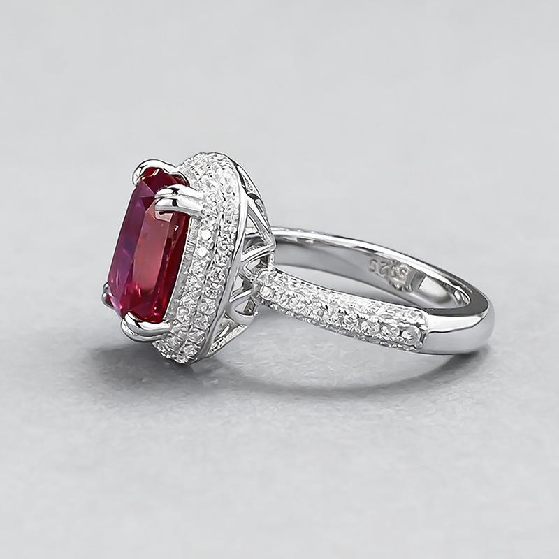 Xian Can Jewelry S925 Silver 9x11mm Pigeon Blood Red Pave Ring, European & American Style, Xiaohongshu Live.