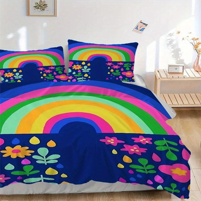 

3pcs Rainbow Flowers Bedding Set, Breathable And Soft, Suitable for All Seasons Machine Washable, Suitable for Bedroom Decoration,yy250822138 135x200cm