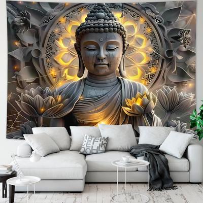 1pc Buddha Statue and Lotus Tapestry, Mysterious Buddha Statue Meditation Meditation Yoga Spiritual Religious Tapestry