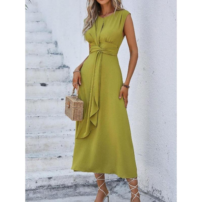 Elegant Sleeveless Front Thin Straps Belted Midi Dress for Summer Women's Solid Color Party A-Line Dress Slim Fit Fashion Evening Dresses