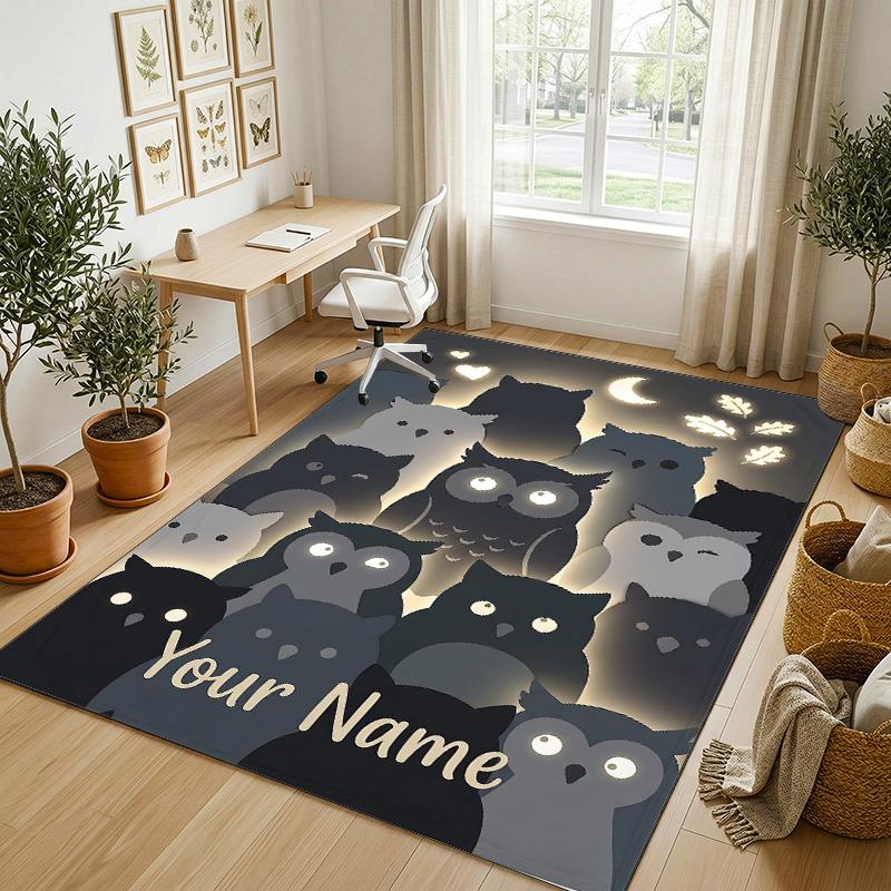 Night Owl Art Theme Soft Crystal Velvet Rug Custom Name & Text Print Non Slip Floor Rug for Bedroom Living Room