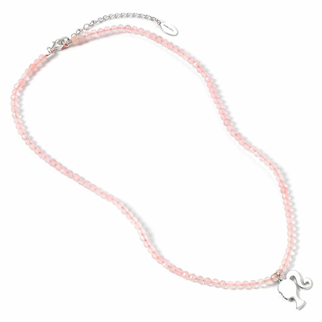 Barbie Sterling Silver Silhouette Charm On a Rose Quartz Bead Necklace