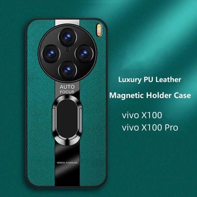 Funda de cuero de plexiglás con soporte de anillo para Vivo X100 Pro, funda trasera de silicona a prueba de golpes, funda protectora de teléfono para Vivo X 100 X100Pro X90 X90Pro Plus