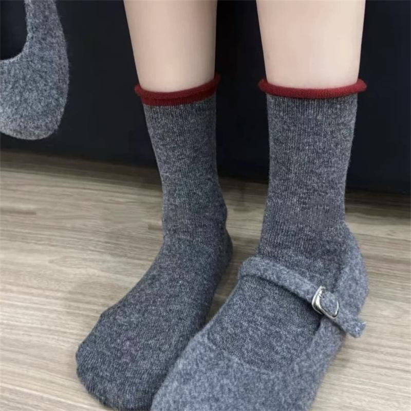 Lazy Wind~ Korean Curled Hem Contrasting Piles Of Socks Soft And Waxy Warm Wool Socks Are Easy To Wear For Versatile Socks For Women