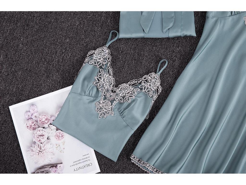 Yao Ting Satin Chiffon Five-Piece Pajama Set: Ice Silk, Casual, Sexy, with Chest Pads for Spring/Summer