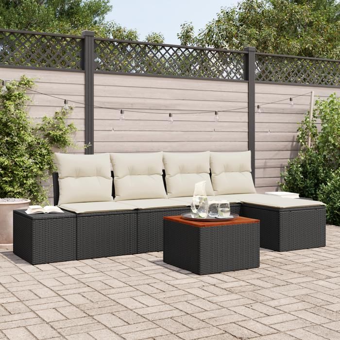 VidaXL Ensemble canapé de jardin 6 pièces avec coussins Noir Poly Rattan Acacia 3347943