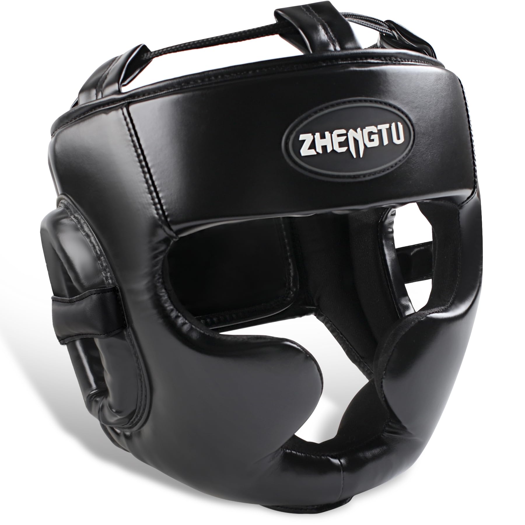 

ZHENGTU Headgear for Adults and Children, PRO MODEL [Top Strap + Integrated Chin Guard] for Martial Arts, Kickboxing, MMA, Sparring, and Practice (Bla