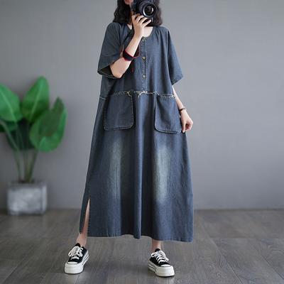 DIMANAF Plus Size 2024 Jar Ženy Denim Šaty Bavlna Ležérne Vintage Dlhý rukáv Voľné nadrozmerné vrecká na šaty