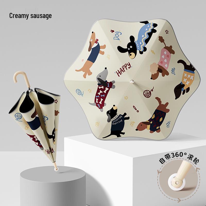 Children's Rounded Corner Umbrella: Long Handle, Automatic, Double Layer, Black Glue—Perfect for Sun and Rain.