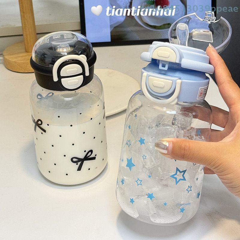 1 Pc 600ml Star Water Bottle Tumbler For Ice Coffee Juice Tea Cute Bowknot Plastic Cups With Straw Lid Portable Drinking Bottle