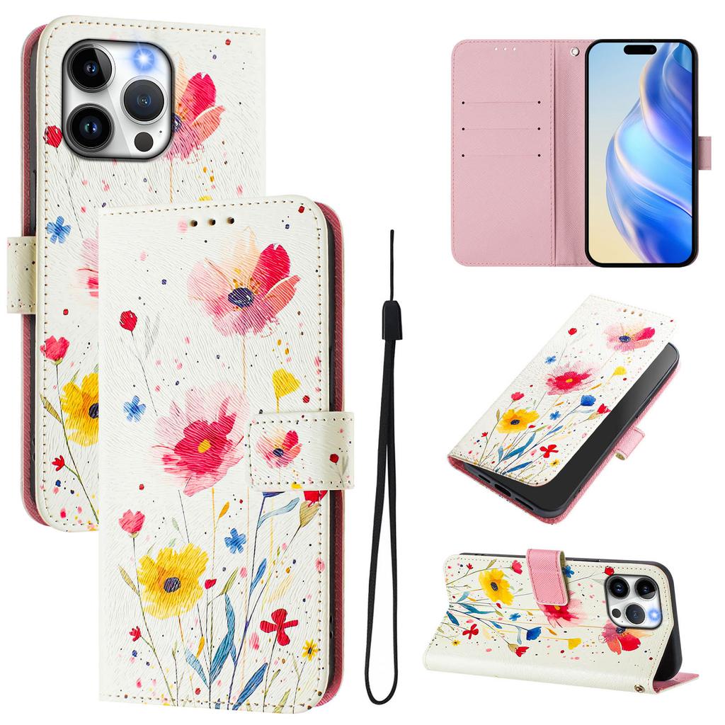 For iPhone 15 Pro Max Case Pattern Printing Wallet Phone Cover with Strap