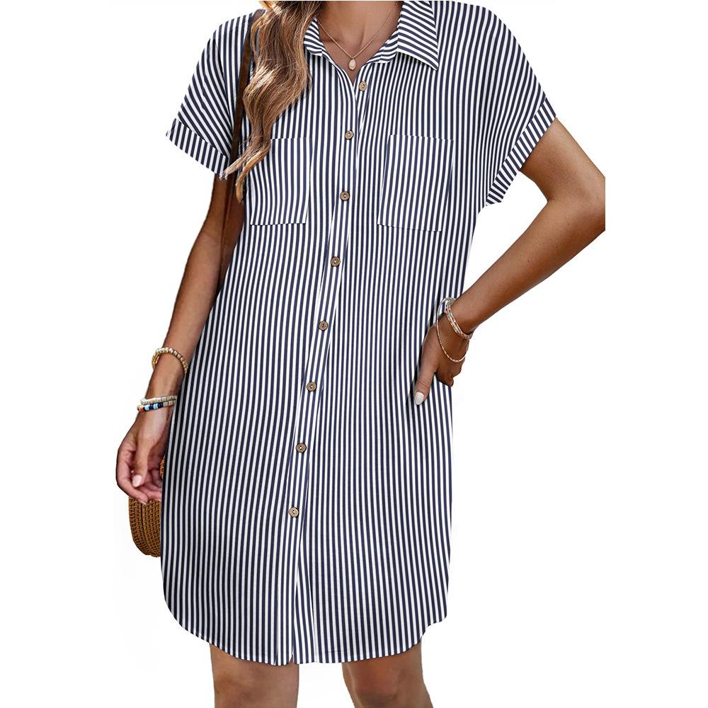 Women's Short Sleeve Vertical Striped Shirt Dress Casual Button Down Loose Midi Tunic Dress With Chest Pockets