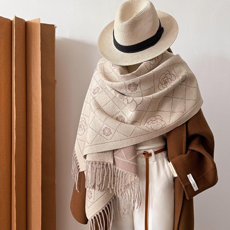 Double-Sided Jacquard Wool Blend Shawl With Camellia Motif Women Winter Warm Fashion Wrap Scarf