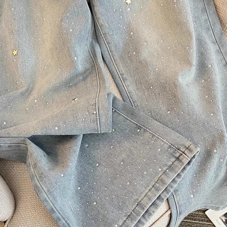 Damen Jeans mit hohem Bund, geradem Bein, lockere Denim-Hose, Stern Strasssteine, helle Waschung, Freizeit, dünn, Sommer, lange Hose