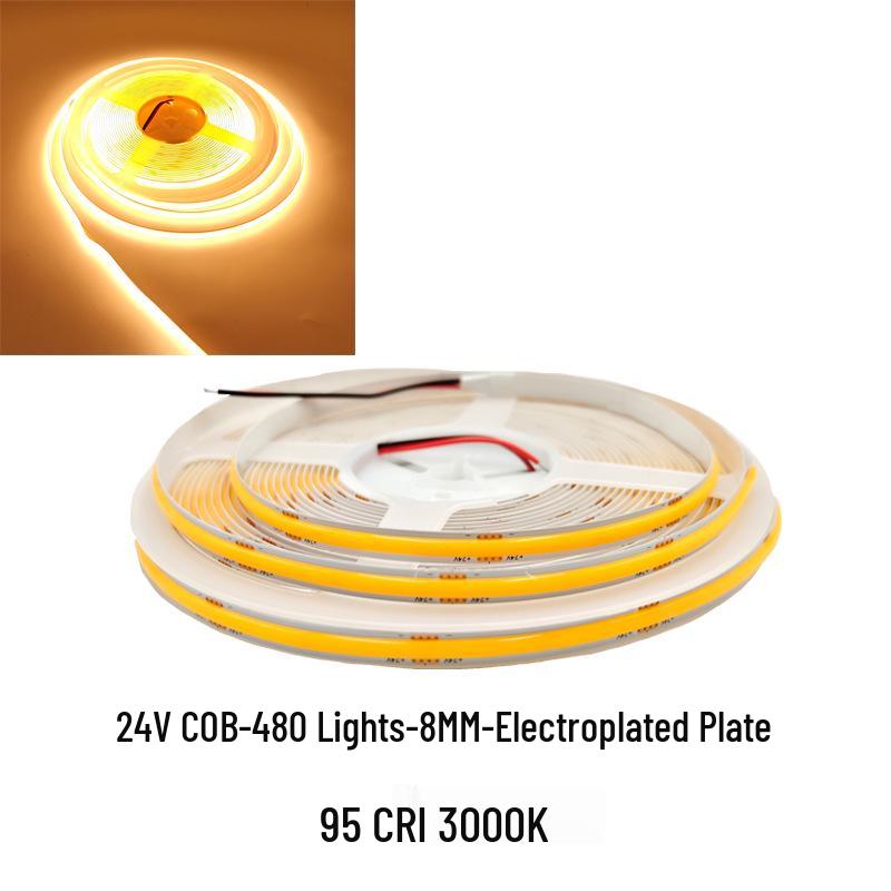COB LED Strip Light 12V/24V, 320/480 LEDs, 8MM, 90 CRI, Self-Adhesive, Aluminum Channel.