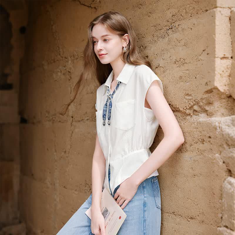 Women's French Style Lyocell Short-Sleeve White Blouse with Scarf Tie