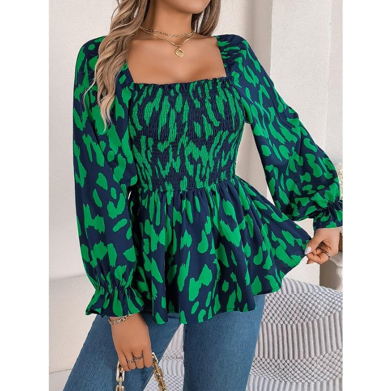 Women's Autumn and Winter Casual Wooden Ear Edge Square Collar Leopard Print Long Sleeve Top