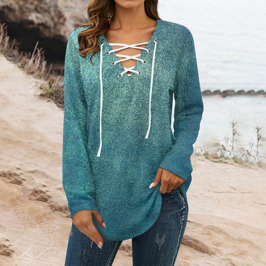 Ladies Atmospheric Fashion Loose Casual Tie Print V-Neck Long Sleeve Top