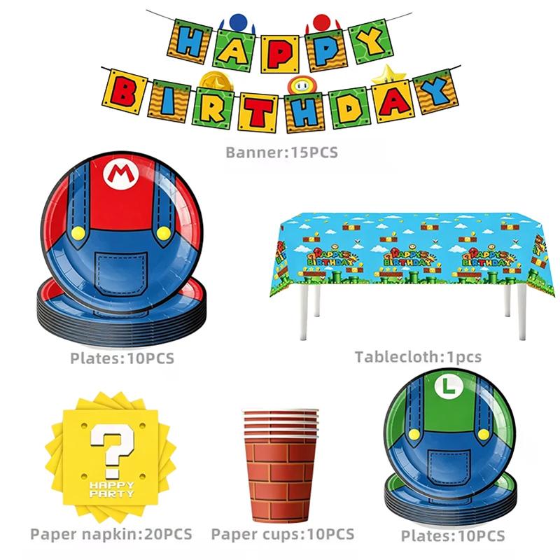Anime Cartoon Mario Birthday Party Decoration, Super Mario Bros Disposable Tableware Tablecloth Banner Napkin Party Supplies