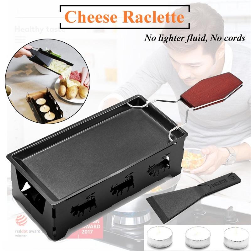 Kitchen Iron Metal Non-stick Cheese Raclette Grill Plate With Solid Wood Handle Rectangular Bakeware Appliance Black