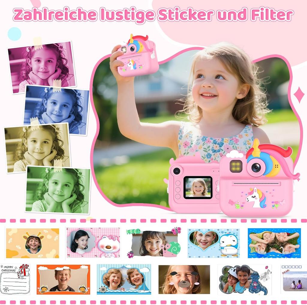 Sofortbildkamera Kinder, 1080P HD Kinderkamera mit 32GB Karte, 48MP Selfie Kinderkamera, Kinderspielzeug, Einhorn Geschenke von 3-12 Jahren