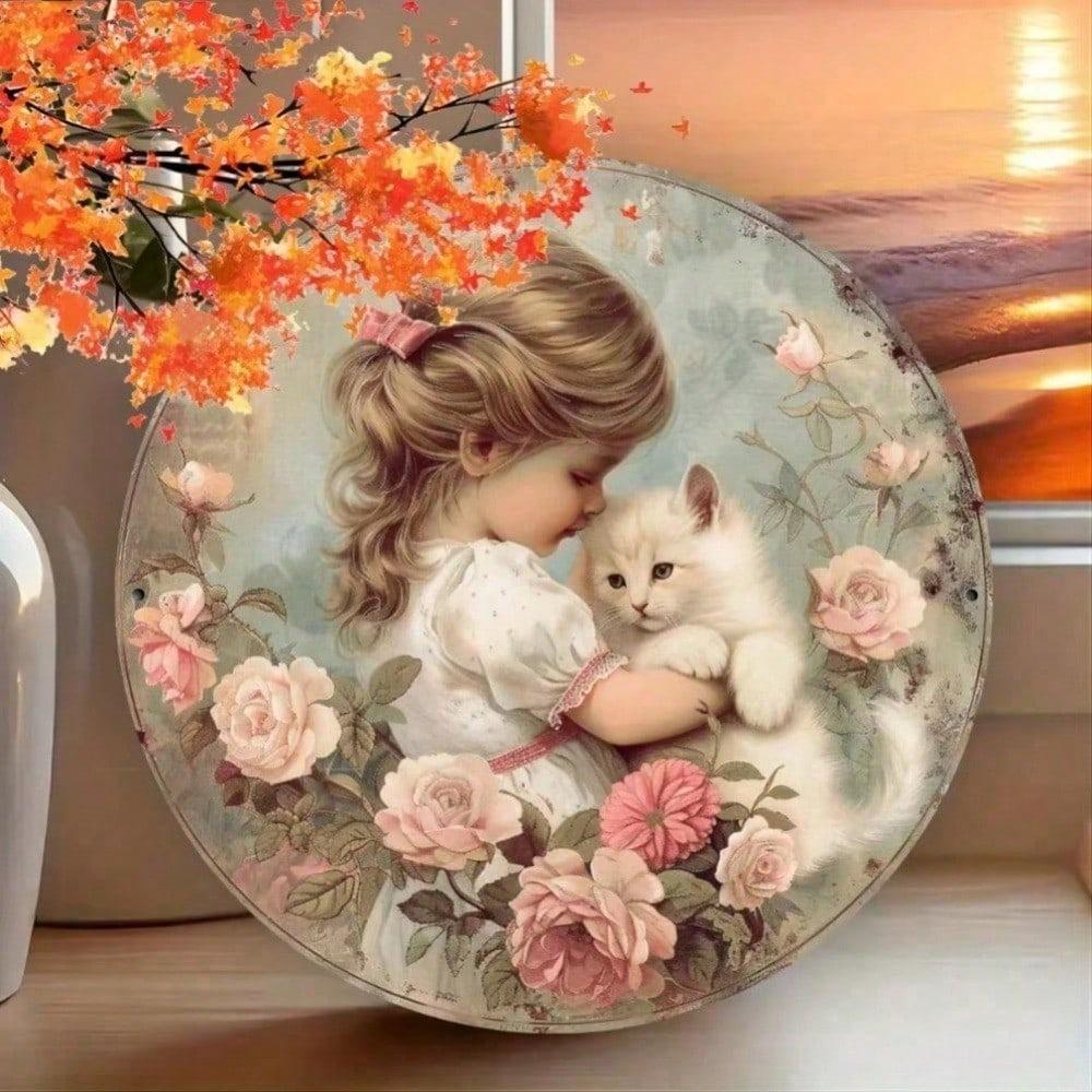 Vintage White Cat Floral Metal Sign, Retro Foil Print Wall Art for Home Kitchen Decor