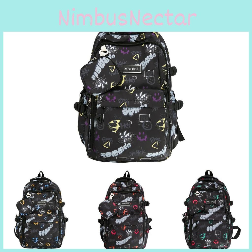 Student Fashion Nylon Travel Backpack With Letter Shape Smiley Face Graffiti