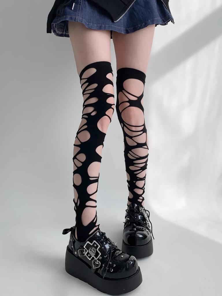 Y2K Hollow Out Stockings Women Punk Sexy Tights Leggings Jk Lolita Over The Knee Hosiery Female Broken Hole Fishnets Long Sock