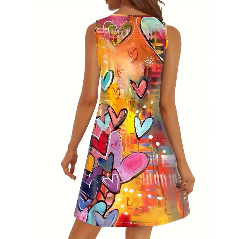 Summer Round Neck Sleeveless Elegant Love Dress Women'S Apparel Colored Geometric Heart Bohemian Women's Dress